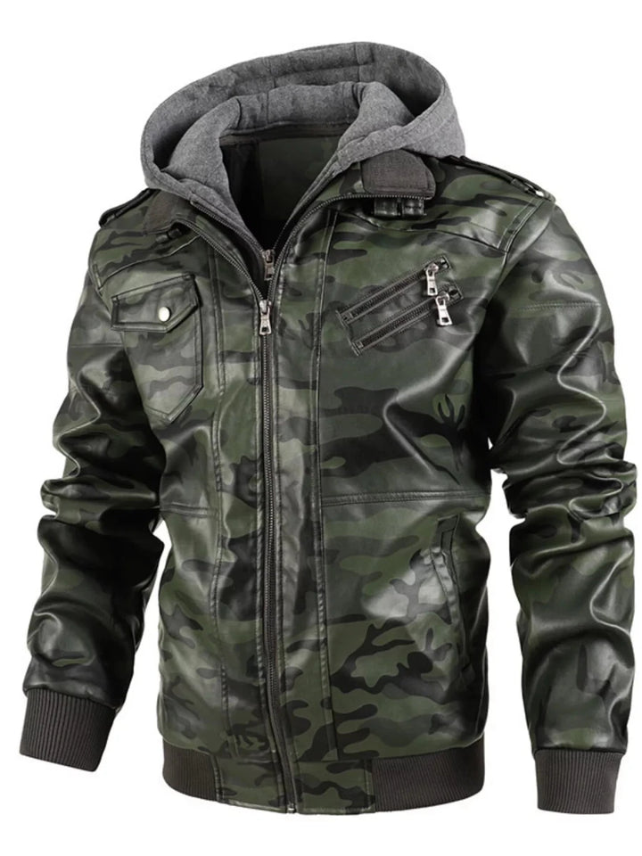 Men's Full Size Camouflage Hooded Faux Leather Jacket Plus Size - cas7m