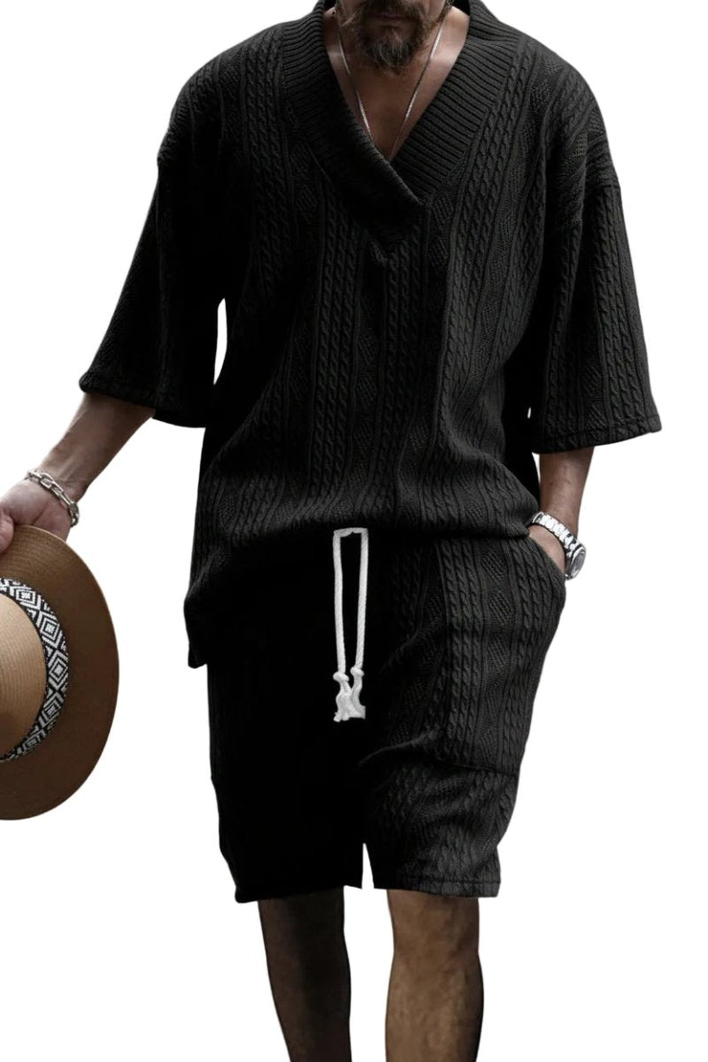 Men's Full Size Casual Knit V-Neck Short Sleeve Top and Shorts Set Plus Size - cas7m