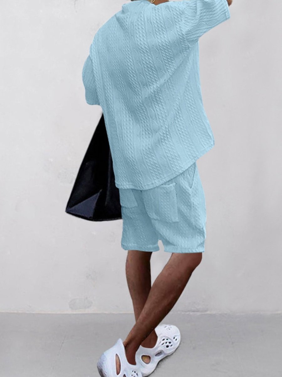 Men's Full Size Casual Knit V-Neck Short Sleeve Top and Shorts Set Plus Size - cas7m
