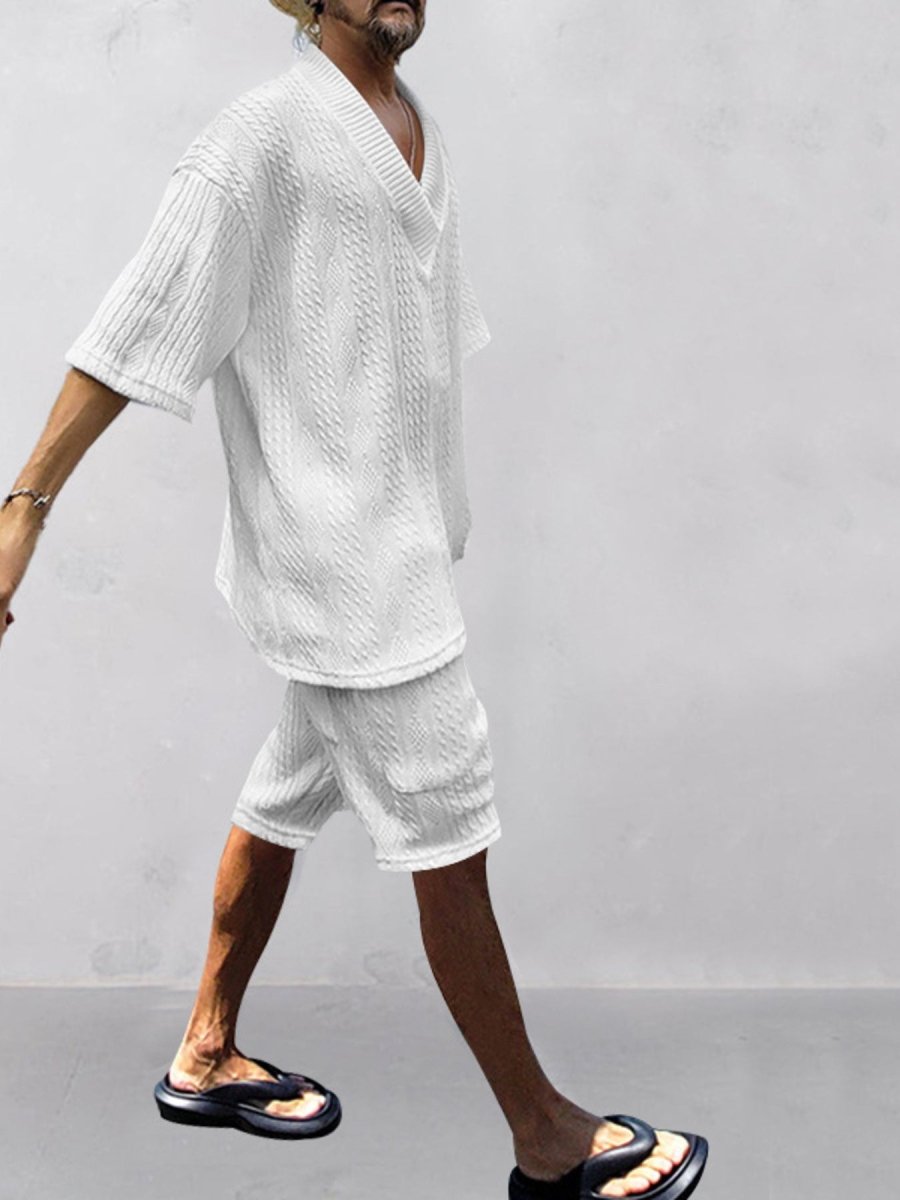 Men's Full Size Casual Knit V-Neck Short Sleeve Top and Shorts Set Plus Size - cas7m