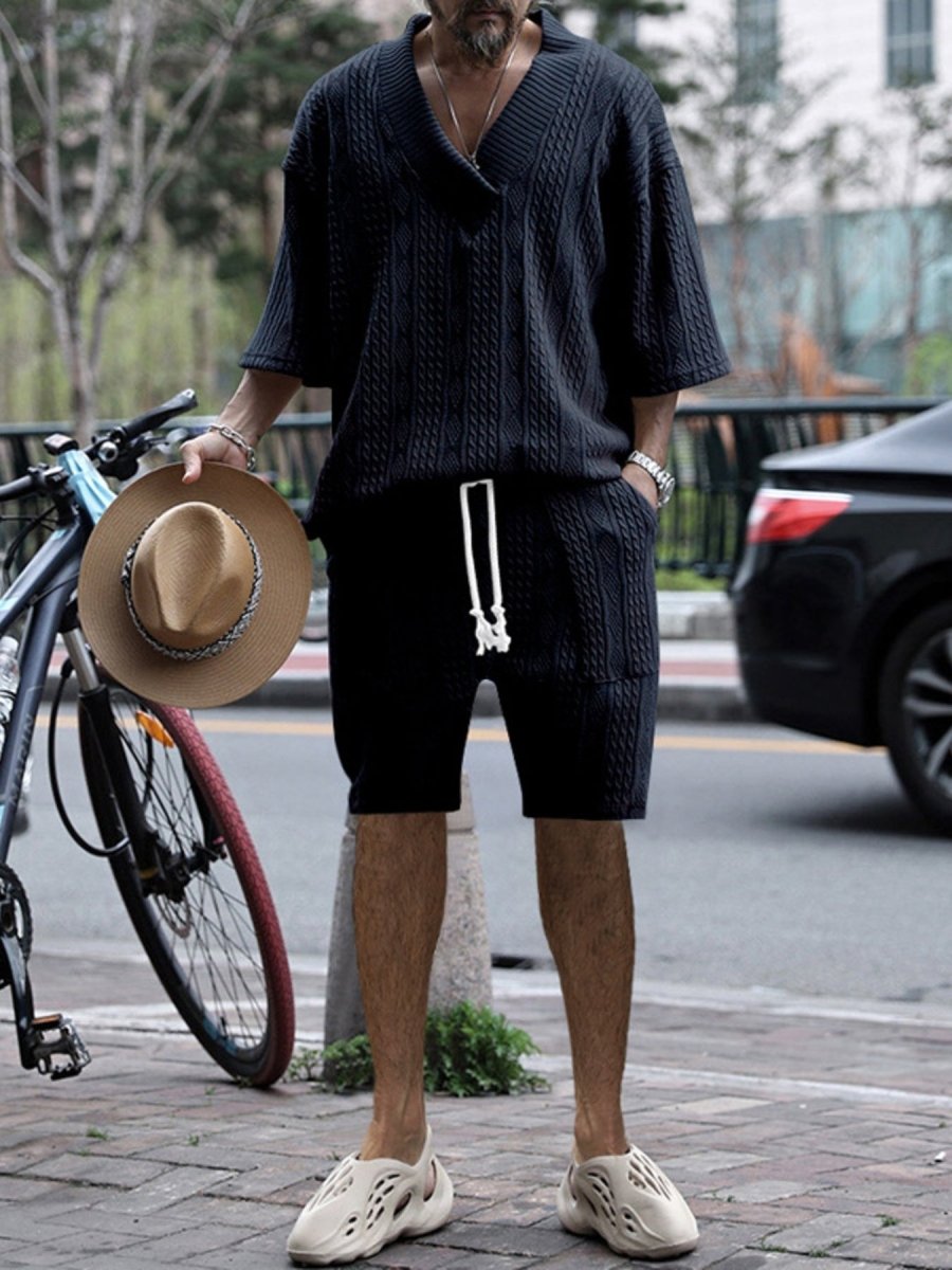 Men's Full Size Casual Knit V-Neck Short Sleeve Top and Shorts Set Plus Size - cas7m