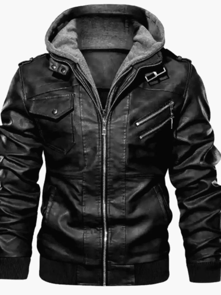 Men's Full Size Hooded Faux Leather Moto Jacket Plus Size - cas7m