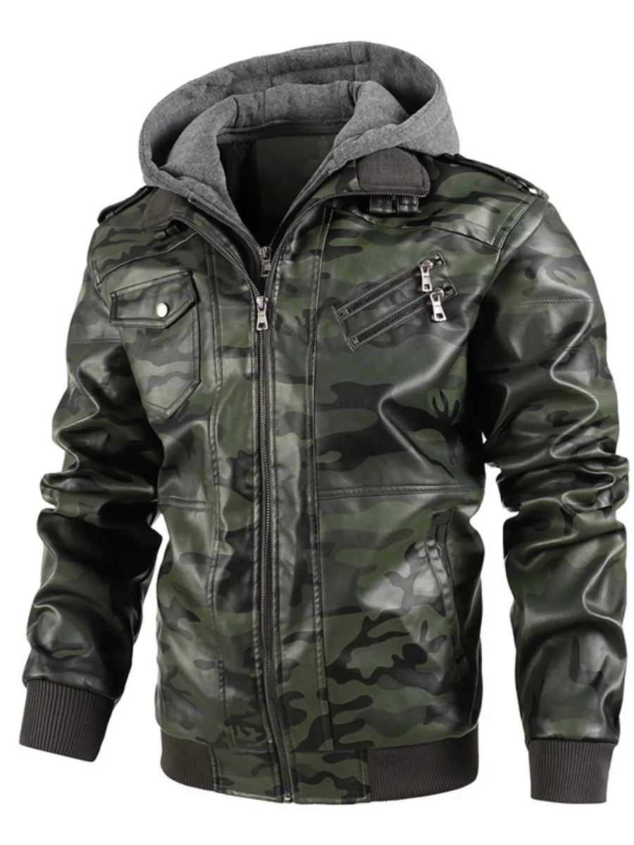 Men's Full Size Hooded Faux Leather Moto Jacket Plus Size - cas7m