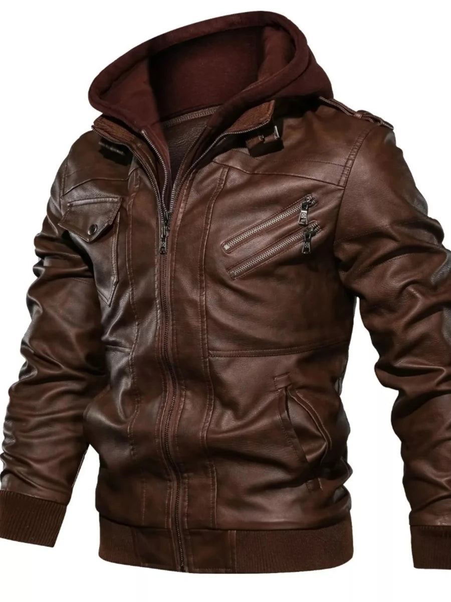 Men's Full Size Hooded Faux Leather Moto Jacket Plus Size - cas7m