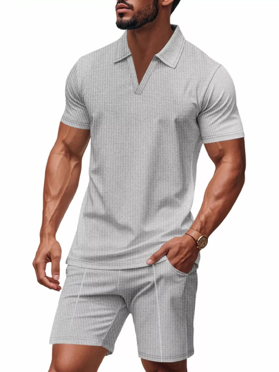 Men's Full Size Textured Short Sleeve Polo and Shorts Set Plus Size - cas7m