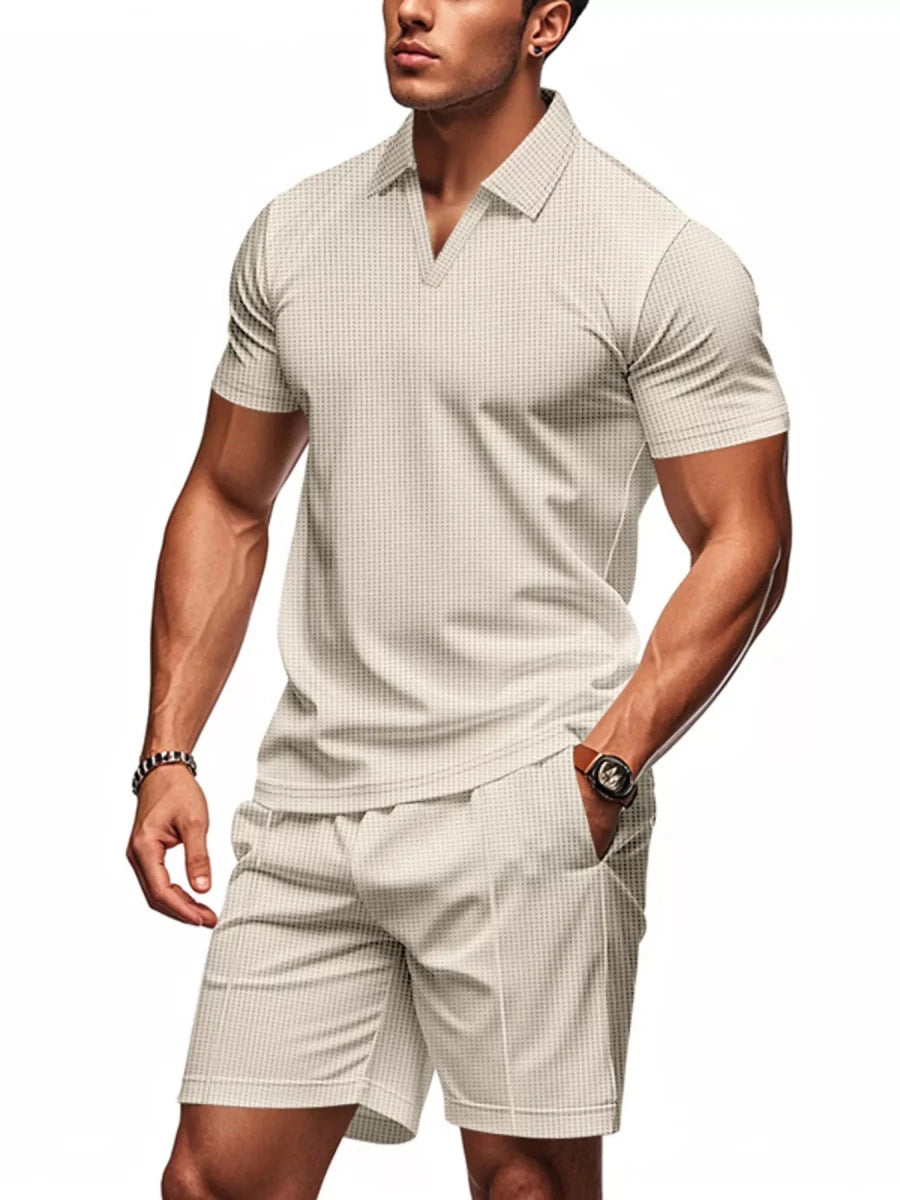 Men's Full Size Textured Short Sleeve Polo and Shorts Set Plus Size - cas7m