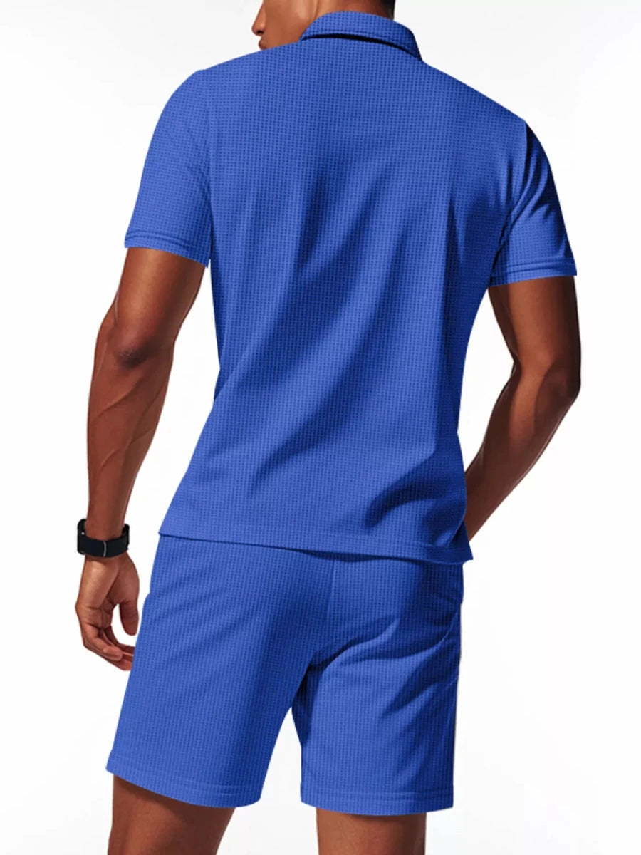 Men's Full Size Textured Short Sleeve Polo and Shorts Set Plus Size - cas7m