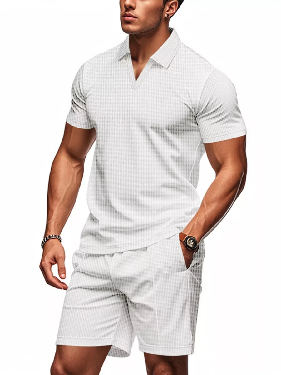 Men's Full Size Textured Short Sleeve Polo and Shorts Set Plus Size - cas7m