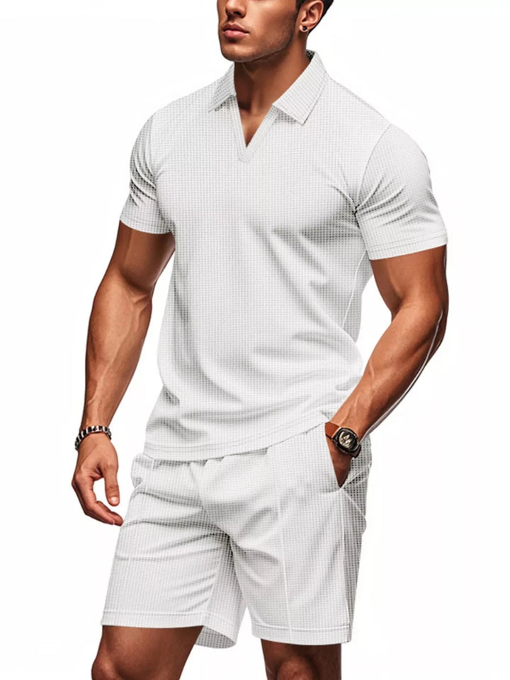 Men's Full Size Textured Short Sleeve Polo and Shorts Set Plus Size - cas7m