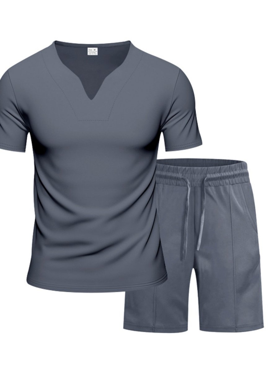 Men's Full Size V-Neck Short Sleeve T-Shirt and Shorts Set Plus Size - cas7m