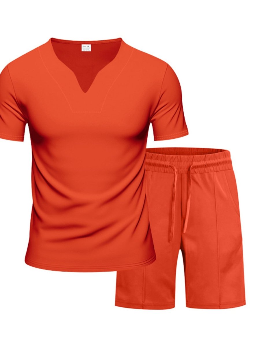 Men's Full Size V-Neck Short Sleeve T-Shirt and Shorts Set Plus Size - cas7m