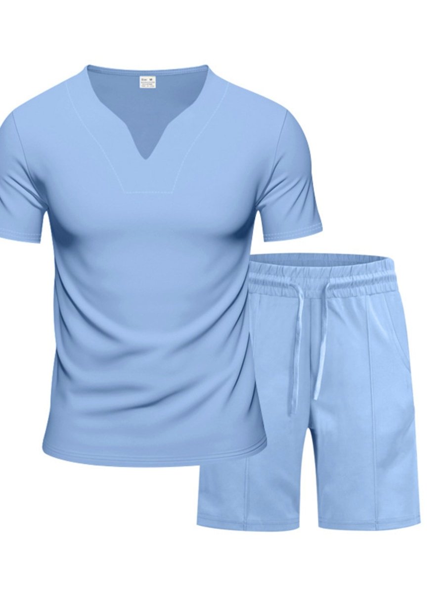 Men's Full Size V-Neck Short Sleeve T-Shirt and Shorts Set Plus Size - cas7m