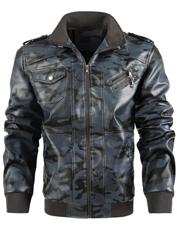 Men's Full Size Zip Up Camouflage Faux Leather Jacket Plus Size - cas7m