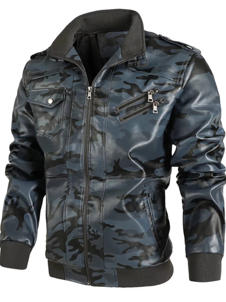Men's Full Size Zip Up Camouflage Faux Leather Jacket Plus Size - cas7m