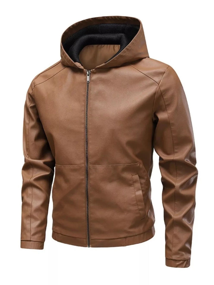 Men's Hooded Faux Leather Moto Jacket - cas7m