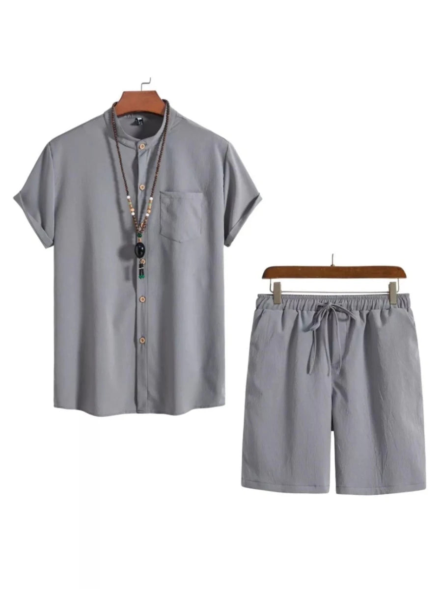 Men's Plus Size Casual Short Sleeve Shirt and Shorts Set - cas7m