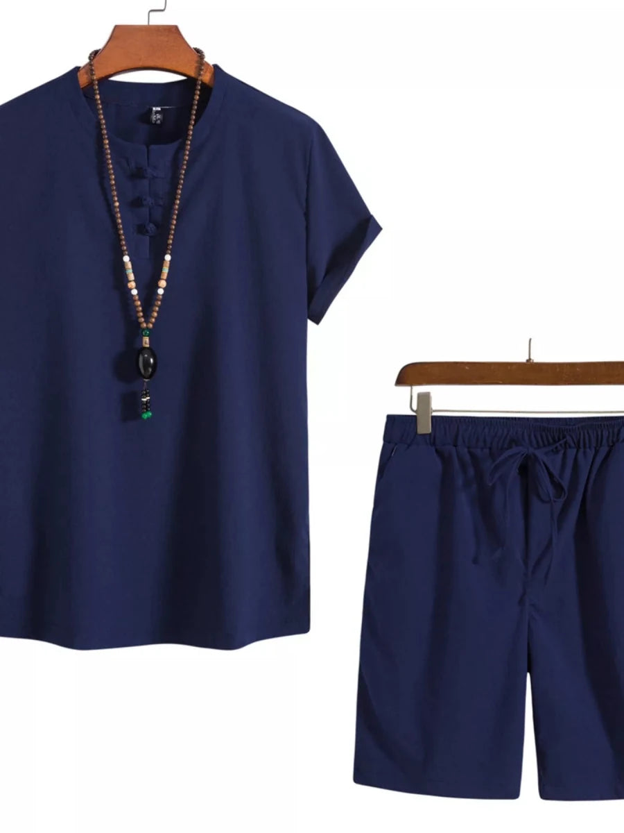 Men's Plus Size Mandarin Collar Short Sleeve Shirt and Shorts Set - cas7m