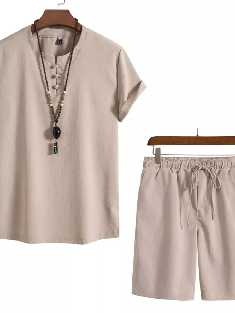 Men's Plus Size Mandarin Collar Short Sleeve Shirt and Shorts Set - cas7m