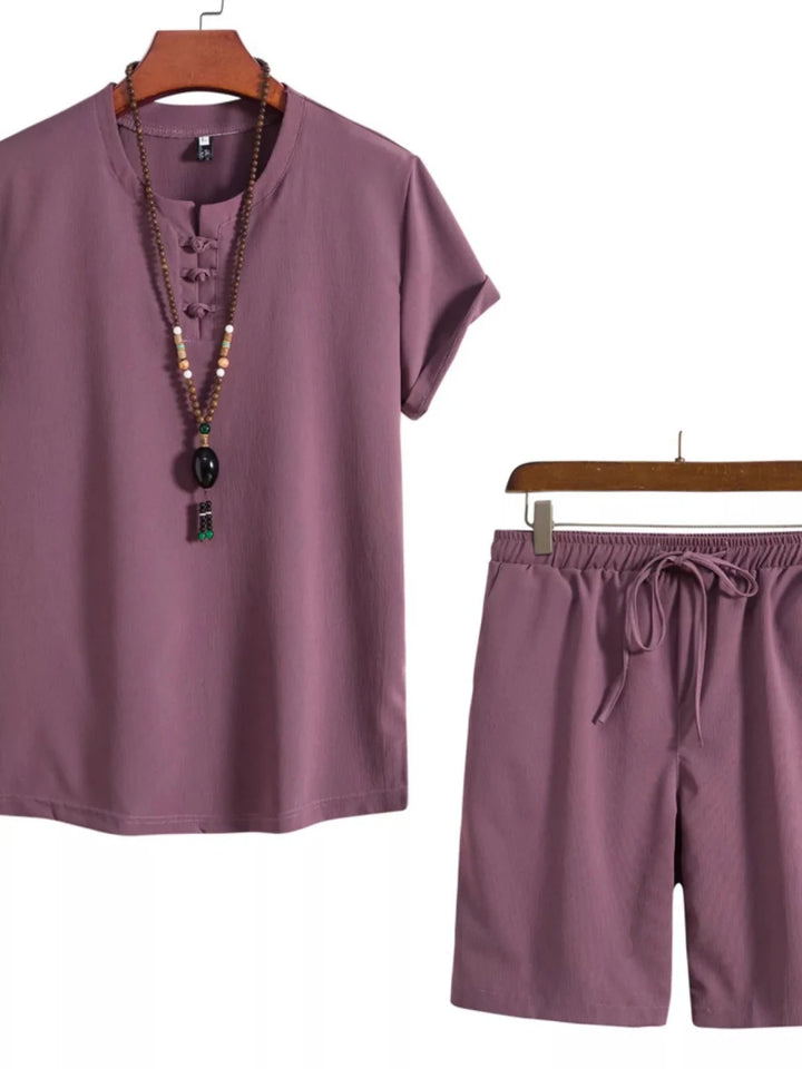 Men's Plus Size Mandarin Collar Short Sleeve Shirt and Shorts Set - cas7m