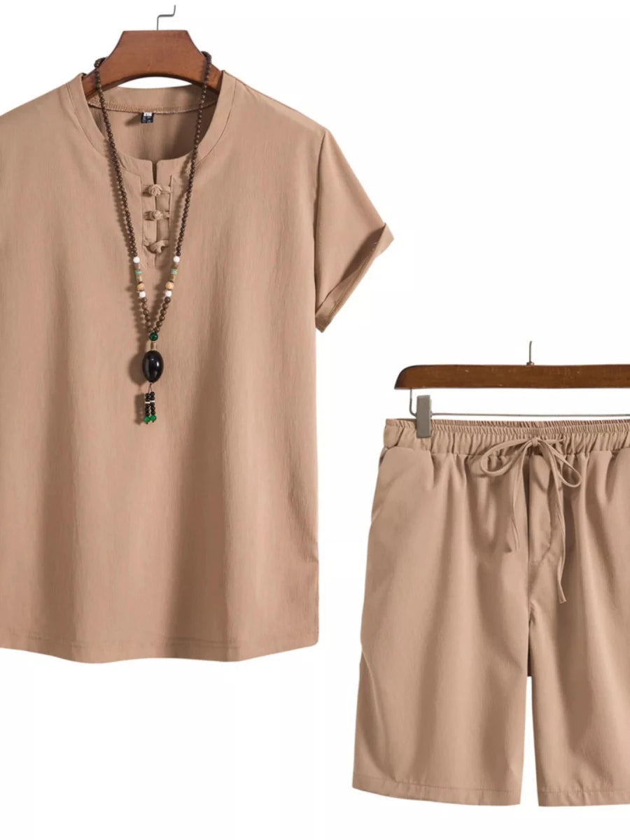 Men's Plus Size Mandarin Collar Short Sleeve Shirt and Shorts Set - cas7m