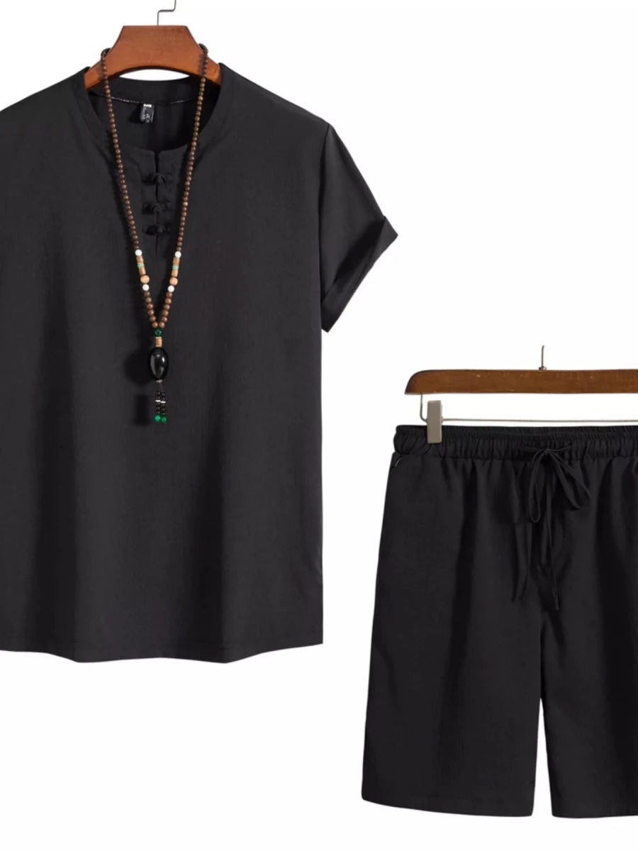 Men's Plus Size Mandarin Collar Short Sleeve Shirt and Shorts Set - cas7m