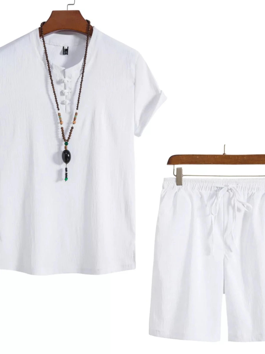 Men's Plus Size Mandarin Collar Short Sleeve Shirt and Shorts Set - cas7m