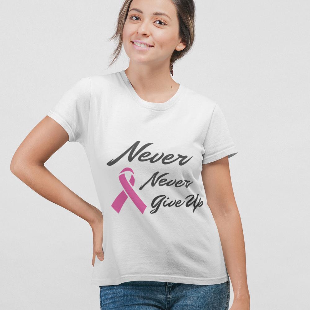 Never Never Give Up Pink Ribbon Awareness T-Shirt - cas7m