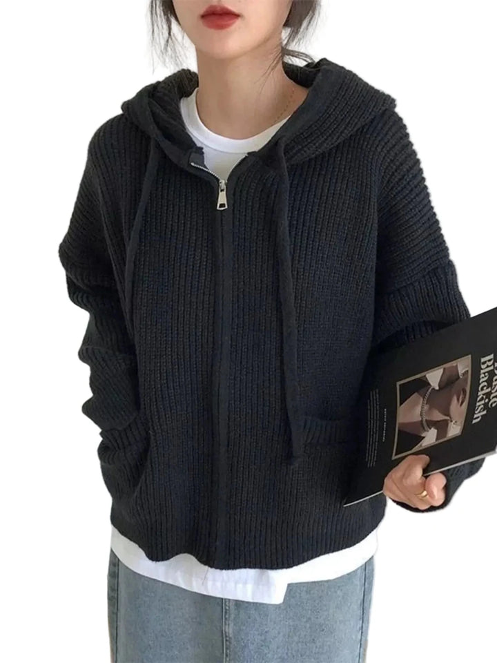 Pocketed Casual Knitted Cardigan with Zipper - 100% Acrylic Comfort - cas7m