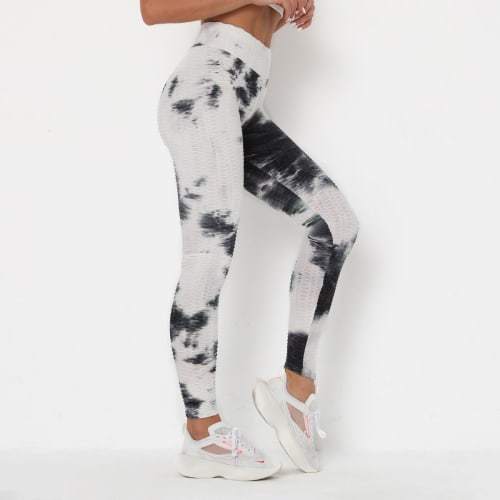 Textured Ruched Bum Gym Leggings - White with Blue/Black. - cas7m