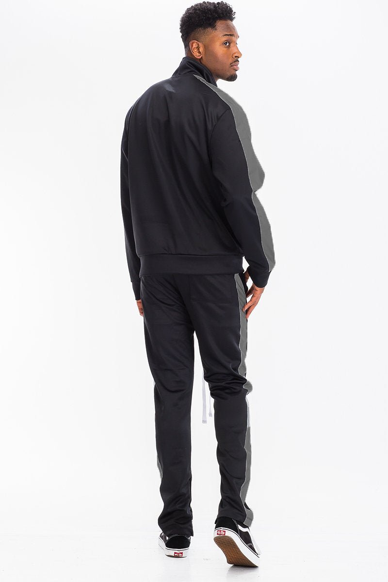 Single Stripe Zip Up Track Jacket and Track Pant Matching Set SET123 - Single Stripe Zip Up Track Jacket and Track Pant Matching Set SET123Single Stripe Zip Up Track Jacket and Track Pant Matching Set SET123SET123-BKGRY-LLcas7mproduct_vendorcas7m