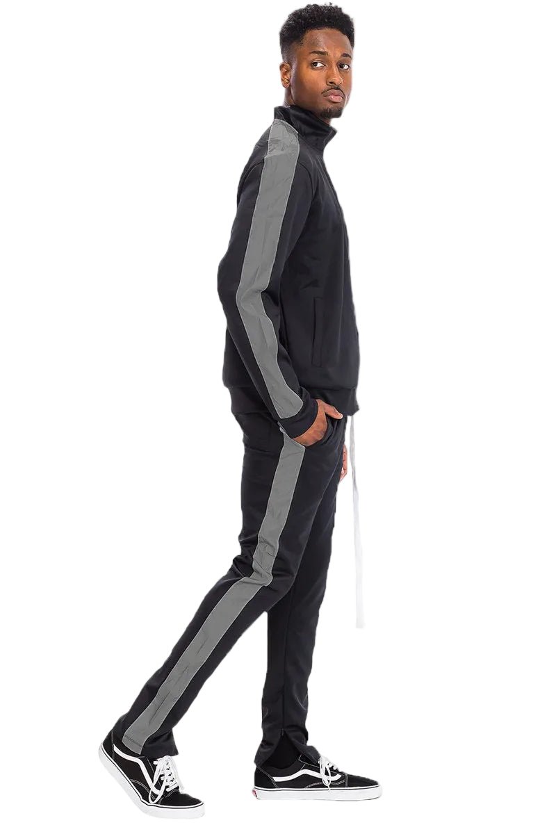 Single Stripe Zip Up Track Jacket and Track Pant Matching Set SET123 - Single Stripe Zip Up Track Jacket and Track Pant Matching Set SET123Single Stripe Zip Up Track Jacket and Track Pant Matching Set SET123SET123-BKGRY-LLcas7mproduct_vendorcas7m