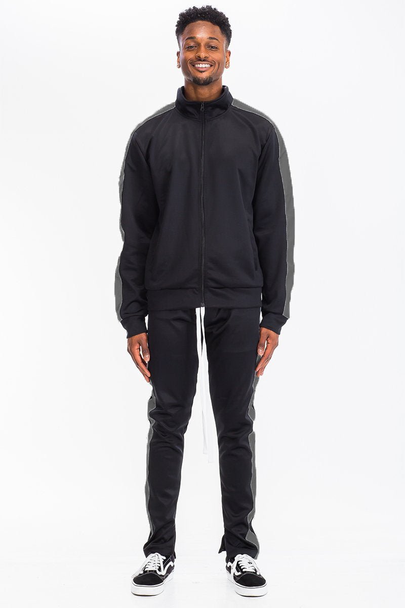 Single Stripe Zip Up Track Jacket and Track Pant Matching Set SET123 - Single Stripe Zip Up Track Jacket and Track Pant Matching Set SET123Single Stripe Zip Up Track Jacket and Track Pant Matching Set SET123SET123-BKGRY-LLcas7mproduct_vendorcas7m