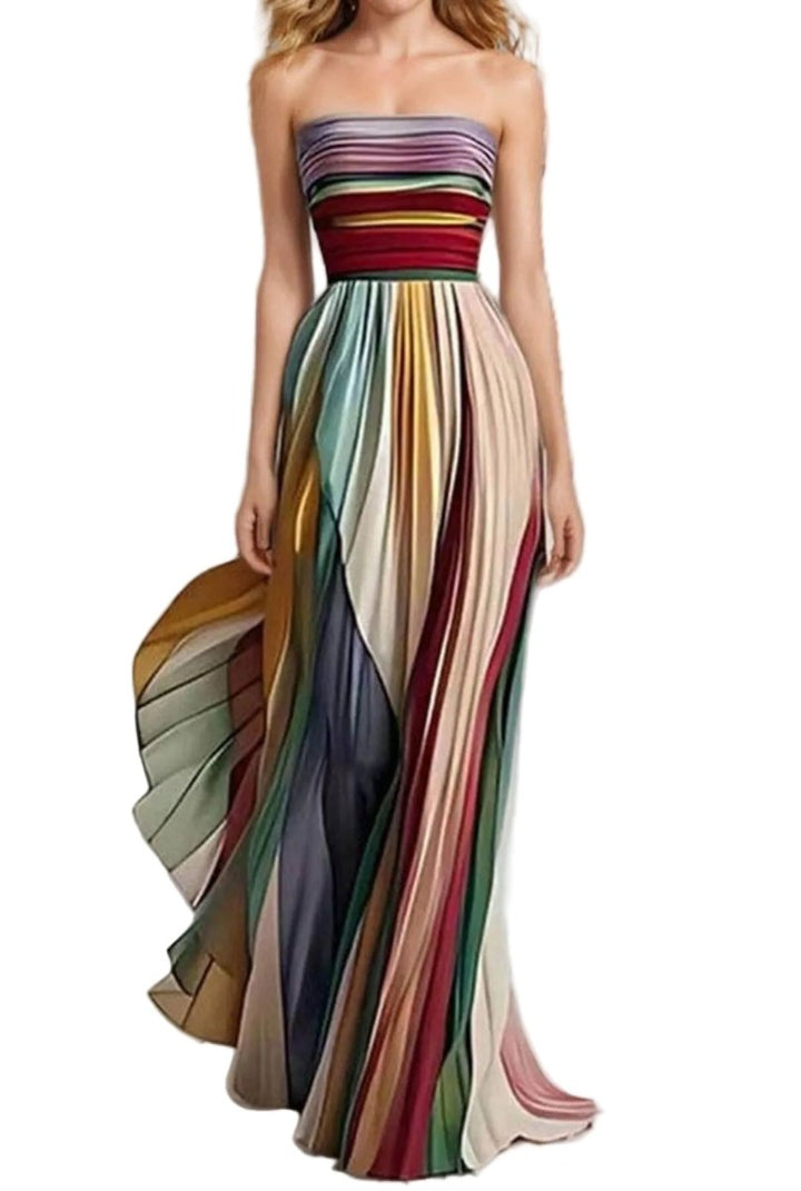 Striped Pleated Strapless Maxi Dress - cas7m
