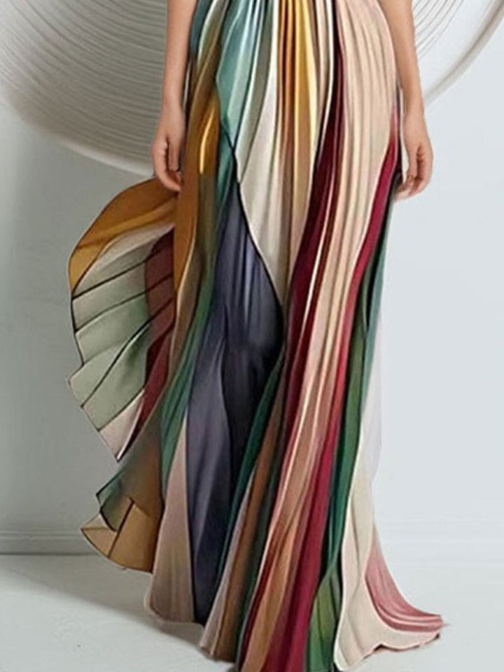 Striped Pleated Strapless Maxi Dress - cas7m