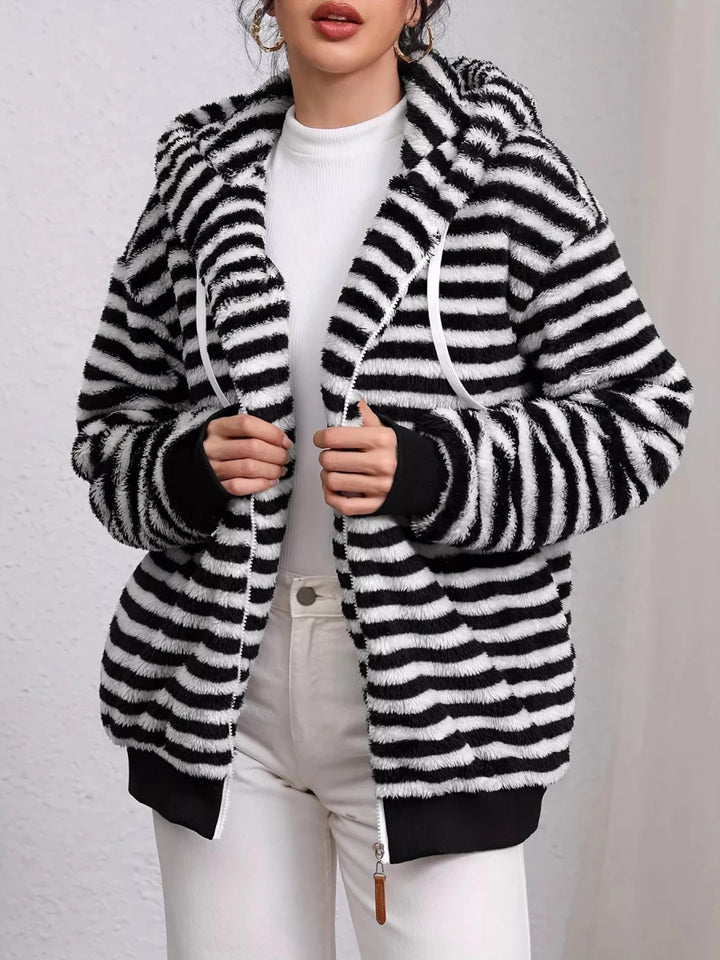Striped Plush Zip-Up Hooded Outerwear - cas7m