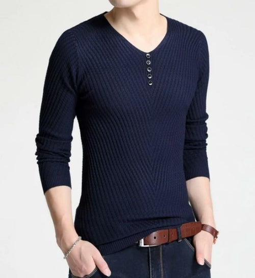 Mens Casual V Neck Sweater with Buttons Design - cas7m