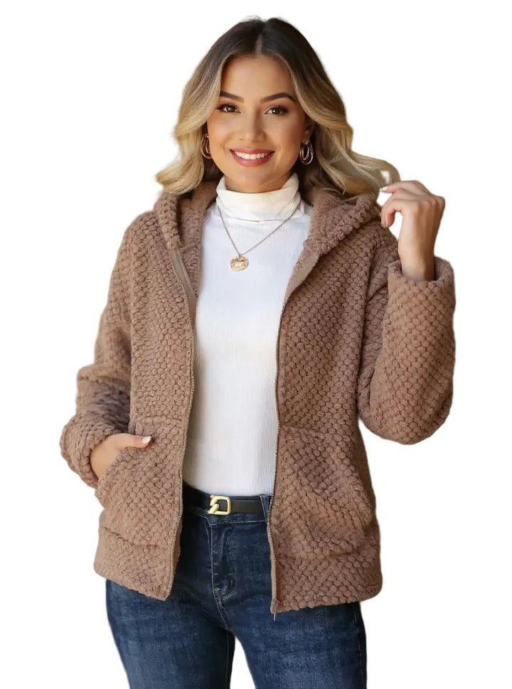 Textured Knit Zip-Up Hooded Outerwear - cas7m
