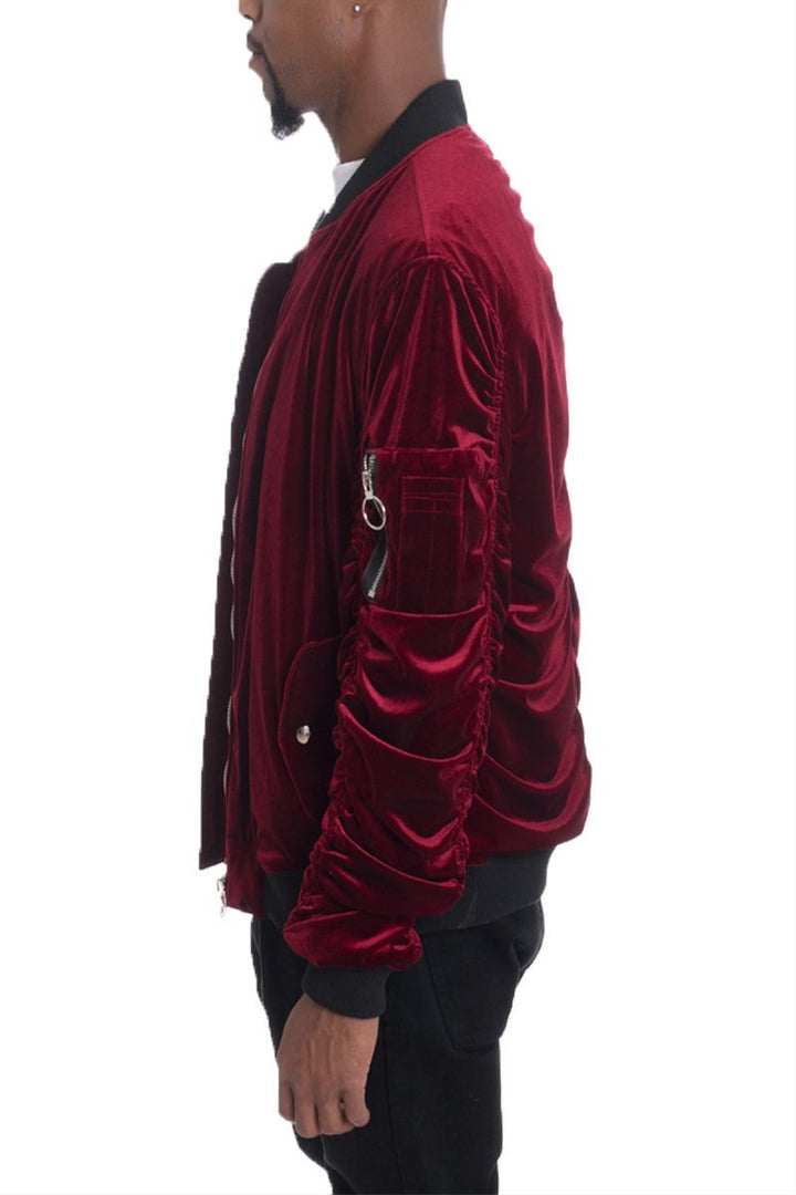 Velour Cinch Sleeve Bomber Jacket - cas7m