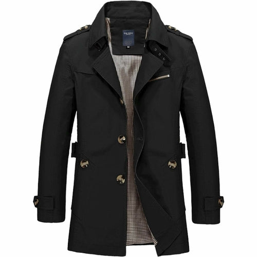 The Mens Classic Trench Coat by Yellow Pandora is a black, slim fit, mid-length coat with buttoned cuffs, epaulets, side waist straps, notched collar and a partial plaid lining.