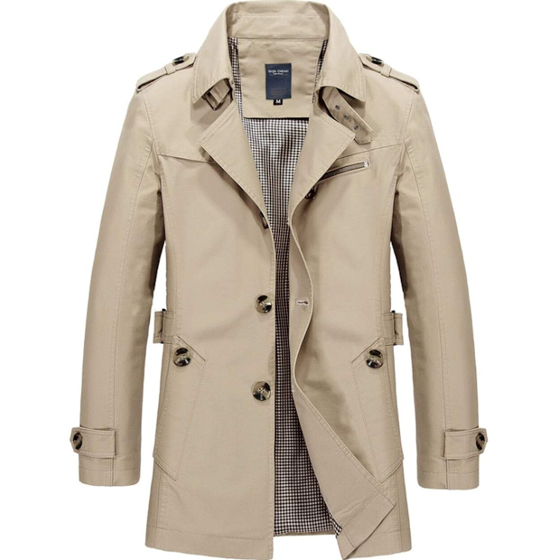 The Yellow Pandora Mens Classic Trench Coat, beige slim fit with double-breasted front, checkered inner lining, epaulets, notch lapels, waist belt, and buttoned cuffs is shown against a plain white background.
