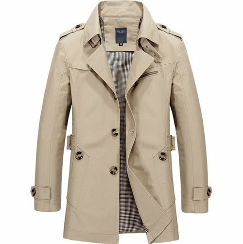 The Yellow Pandora Mens Classic Trench Coat is a beige, slim-fit, mid-length trench with plaid lining, double-breasted buttons, shoulder epaulets, side pockets, and belted cuffs. Displayed on a white background.