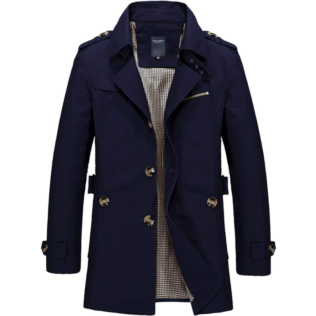 The Yellow Pandora Mens Classic Trench Coat in navy blue features a double-breasted front with tan buttons, checkered inner lining, shoulder epaulets, and belt detailing at the waist and cuffs, shown on a white background.