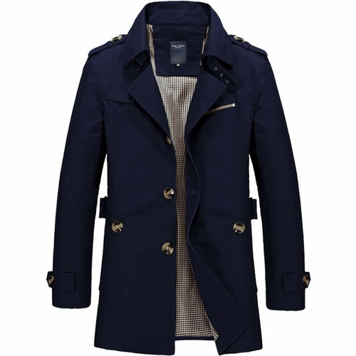 The Yellow Pandora Mens Classic Trench Coat, navy blue and double-breasted with large buttons, a notched collar, shoulder epaulets, and a checked inner lining, is shown on a white background.