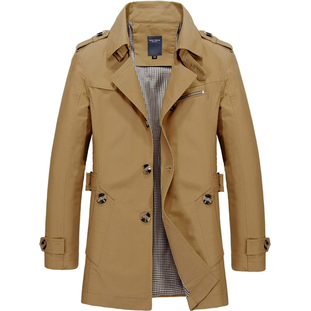 The Mens Classic Trench Coat by Yellow Pandora, featuring a tan color, slim fit, buttoned cuffs, checkered inner lining, and shoulder epaulets, is displayed on a white background.