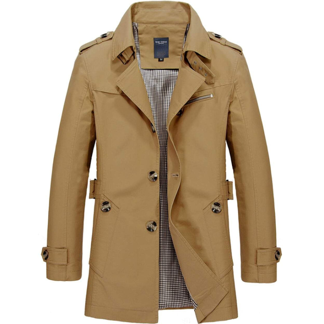 The Mens Classic Trench Coat by Yellow Pandora, featuring a tan color, slim fit, buttoned cuffs, checkered inner lining, and shoulder epaulets, is displayed on a white background.