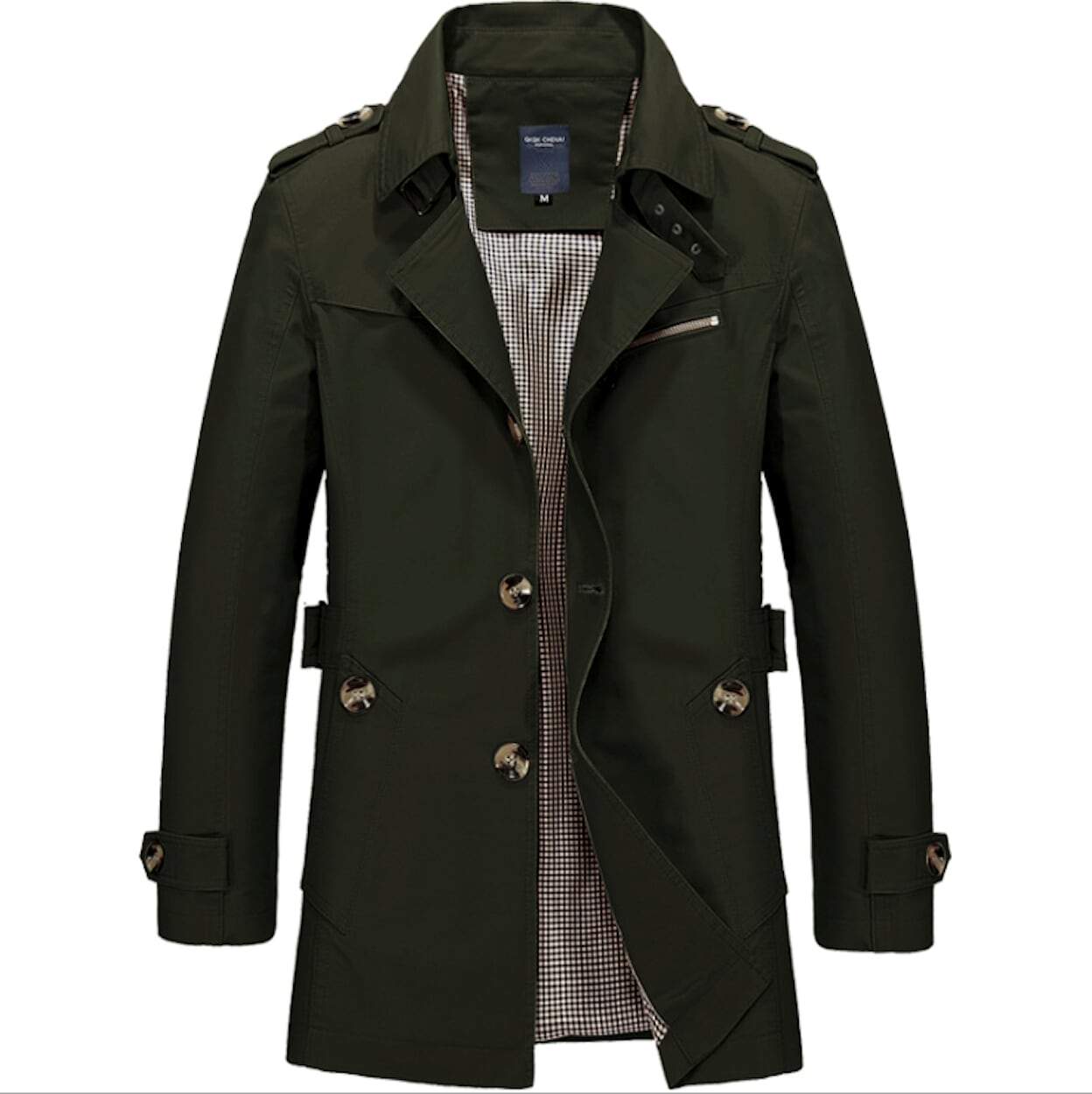 The Yellow Pandora Mens Classic Trench Coat is dark green, slim fit, with buttons, epaulettes, and adjustable cuffs. Double-breasted and open to show a checked lining. Photographed on a plain white background.
