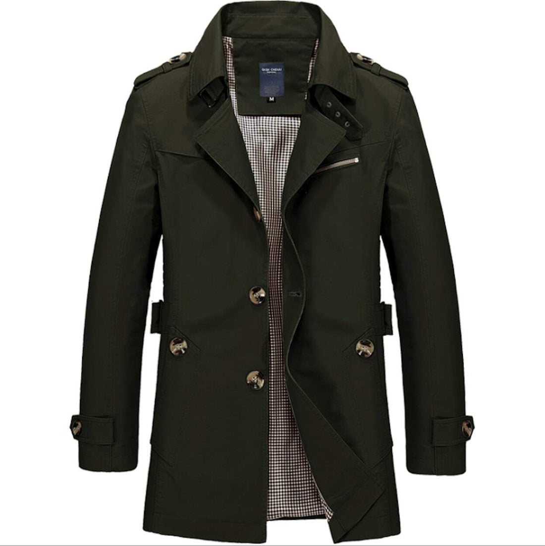 The Yellow Pandora Mens Classic Trench Coat is dark green, slim fit, with buttons, epaulettes, and adjustable cuffs. Double-breasted and open to show a checked lining. Photographed on a plain white background.