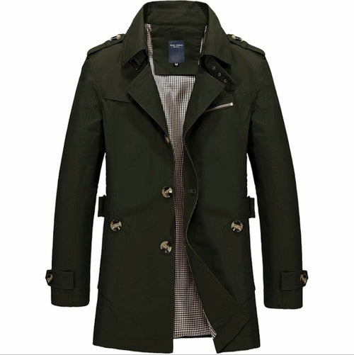 The Yellow Pandora Mens Classic Trench Coat is dark green with a checkered inner lining, buttoned cuffs, notched collar, front buttons, side waist tabs, and shoulder epaulets for timeless style.