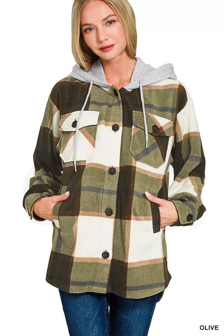 Zenana Plaid Drawstring Hooded Fleece Shacket - cas7m
