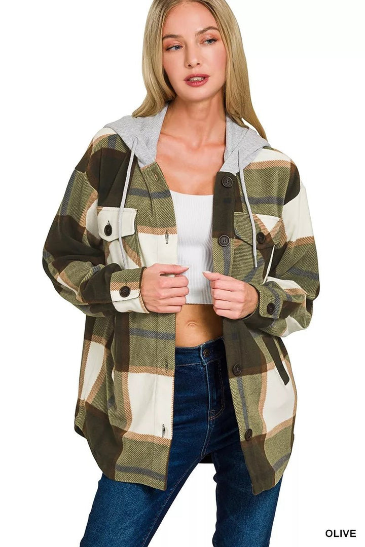 Zenana Plaid Drawstring Hooded Fleece Shacket - cas7m